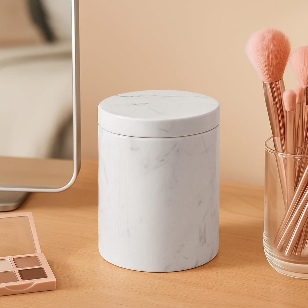 Natural Marble Canister, Qtip Holder With Lid For Cotton Swabs