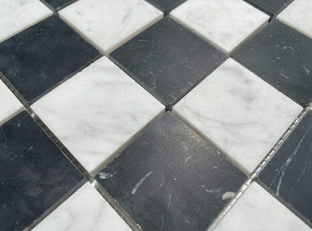 Carrara White & Nero Marquina Black Marble 2x2 Checkerboard Mosaic Tile Honed Kitchen Bath Wall Floor Backsplash