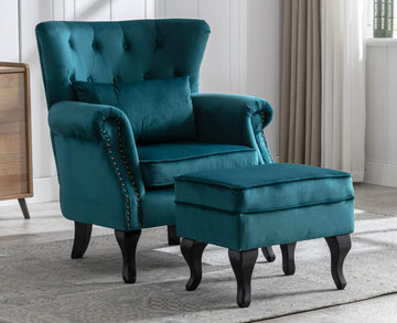 Velvet Club Chair Tufted Throne Mid Century Accent Wingback Chair with Ottoman Padded Seating Wood Legs Home Club