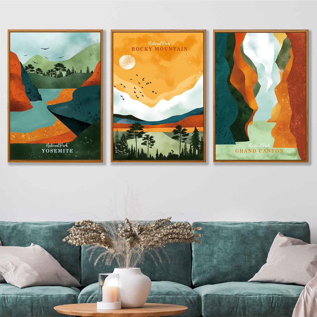 National Park Framed Canvas Wall Art Set, Grand Canyon Yosemite Rocky Mountain Wall Decor, Forest Lake Wall Painting