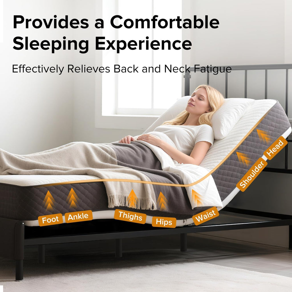 Queen Adjustable Bed Frame with Massage, Head & Foot Incline, Wireless Remote, Dual USB Ports & LED Night Light