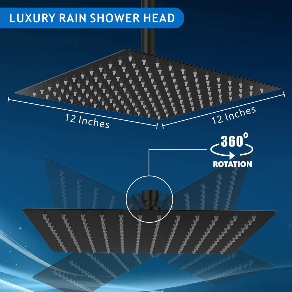 Rain Shower Head - High Flow Large Rainfall Shower Heads Made of Stainless Steel - Waterfall Bathroom Square