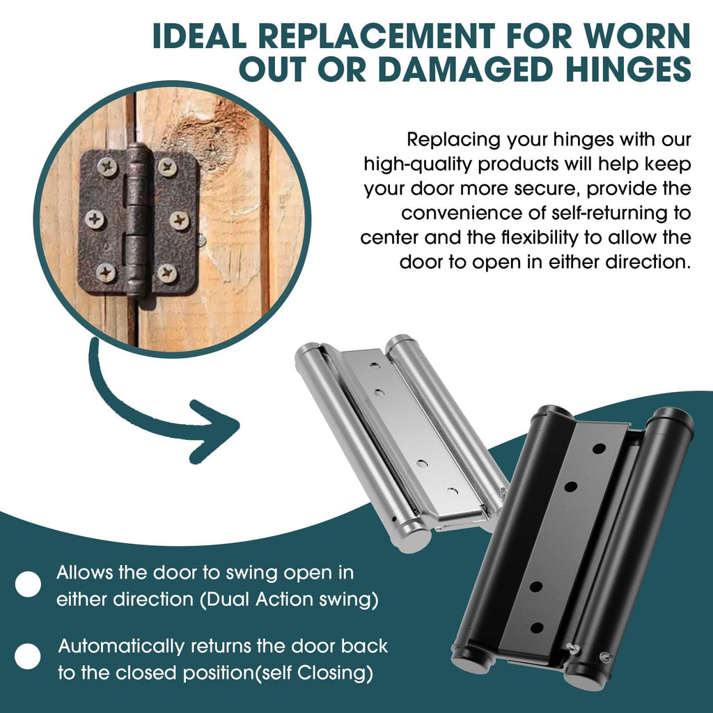 6in Double Action Spring Hinge, Self-Closing Door Hinges with Pins & Screws