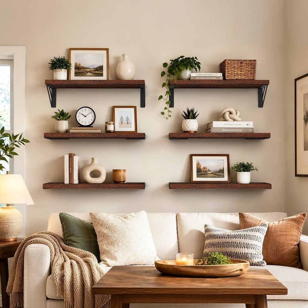 Wall Mounted Floating Shelves (Rustic Brown, Set of 6, 16" Uniform)