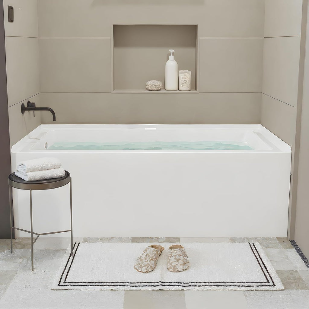 60 Inch Alcove Soaking Bathtub, Rectangular Acrylic Tub with Integral Apron, Left Drain, Glossy White Finish, Brushed