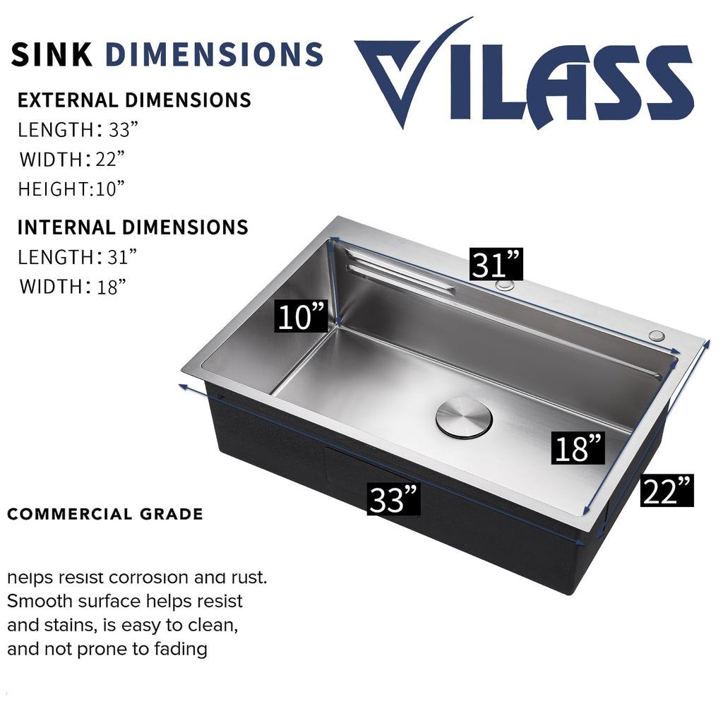 33x22 Drop Sink with Faucet Combo Modern Large Stainless Steel Kitchen Sinks 33 Inch Top Mount Single Bowl