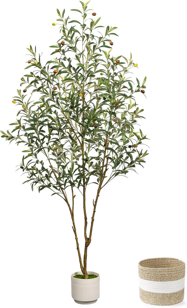 Artificial Olive Tree 6FT - Tall Faux Olive Trees Indoor with Planter&Cotton Basket, Large Fake Olive Plants