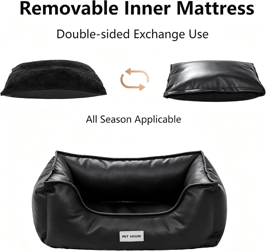Faux Leather Dog Bed, Waterproof Cat Sofa Bed with Non-Slip Bottom