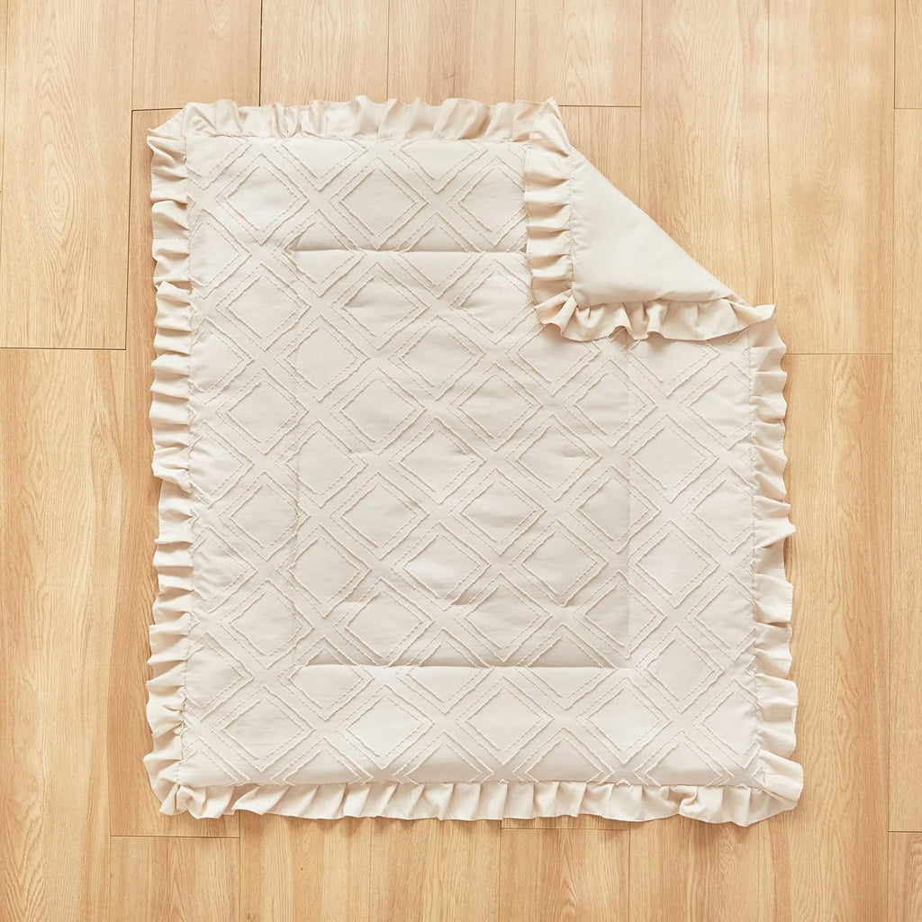 Mini Crib Bedding Set 3 Pieces Baby Boho Quilted Tufted Ruffles Comforter with Fitted Sheet and Ruffled Bed Skirt