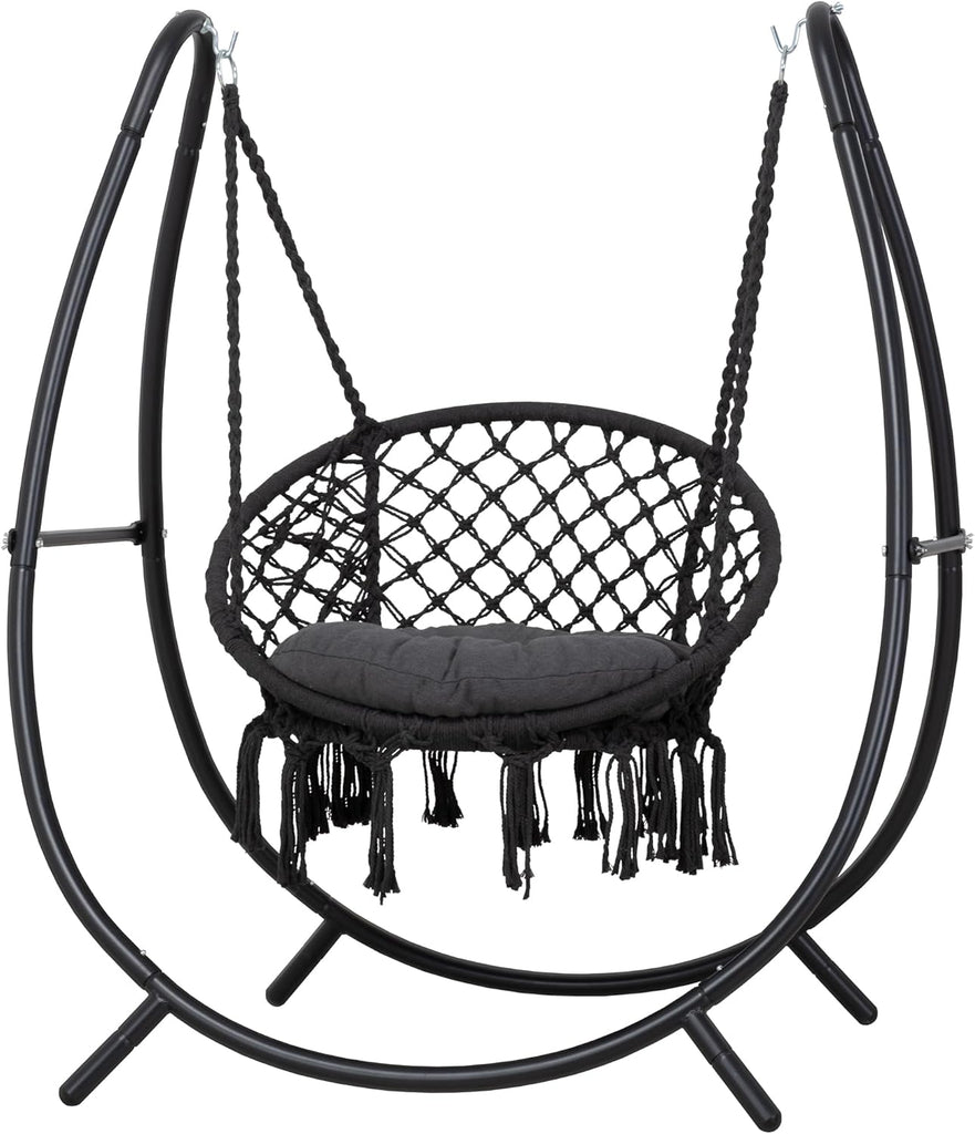 Outdoor Hanging Swing Chair with Stand and Seat Cushion, Dark Grey | Heavy Duty Steel Stand, Indoor Outdoor Use, 400