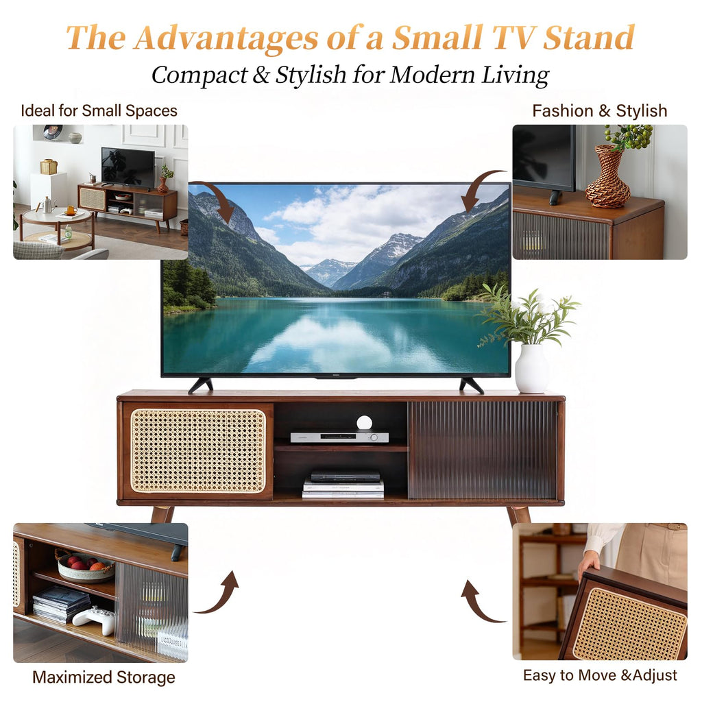 Rattan TV Stand for 55 Inch TV, Bamboo Cabinet with Storage, Walnut
