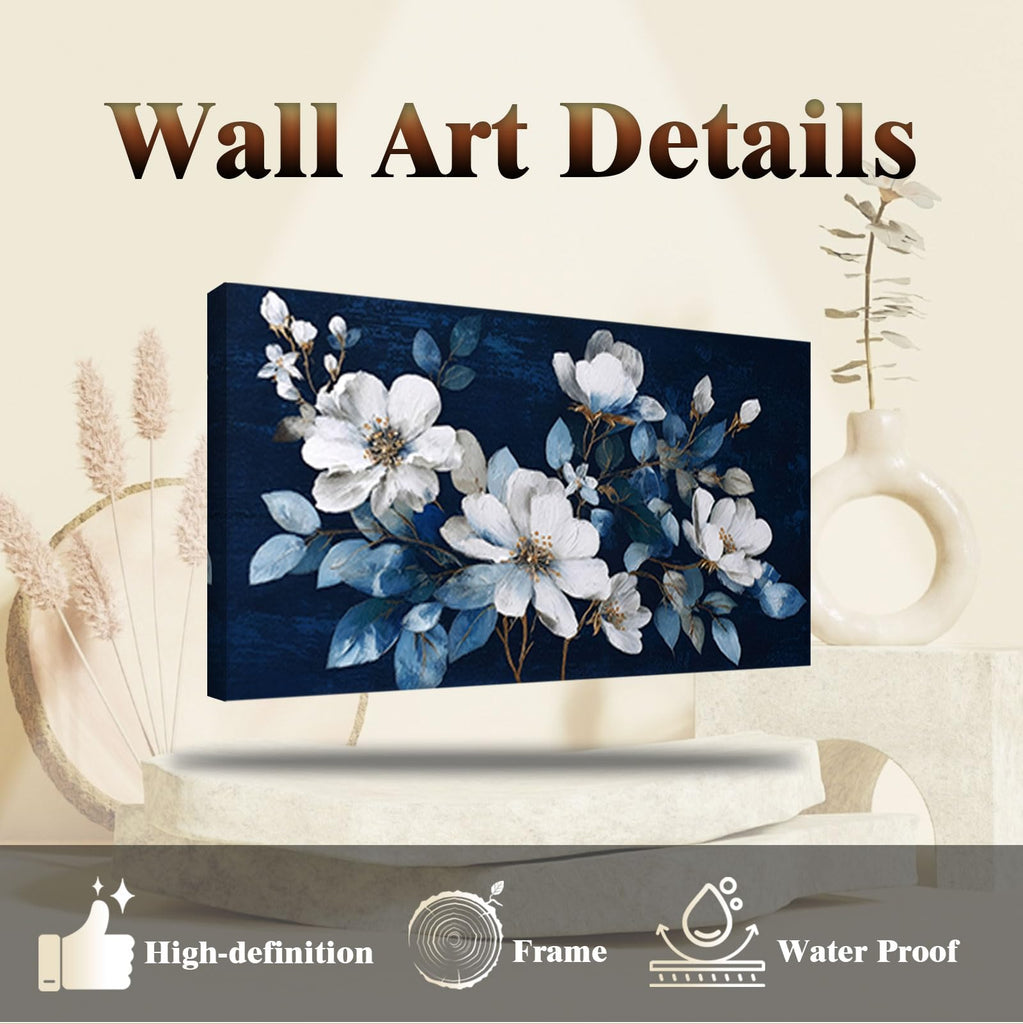 Framed Large Flower Canvas Wall Art Modern White Floral with Blue Background Print Living Room Office Home