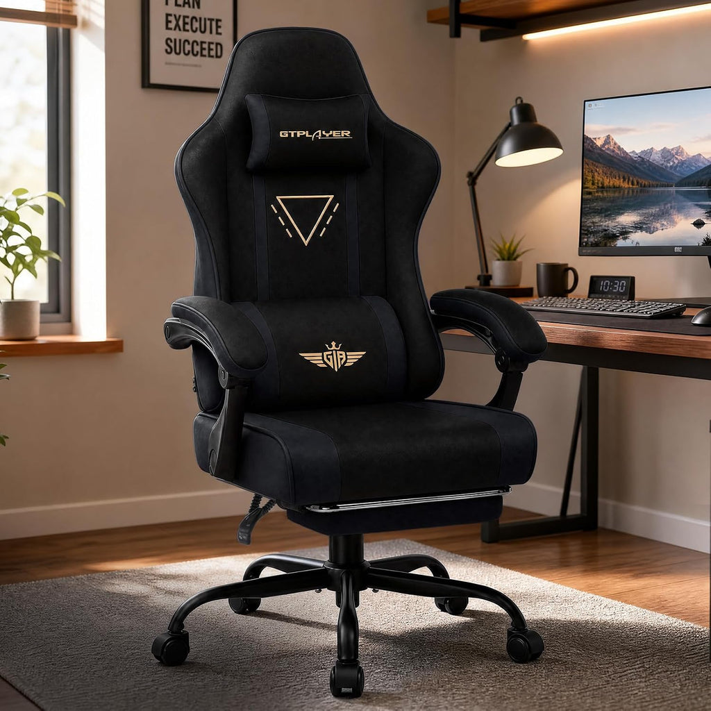 Video Gaming Chair Fabric, Ergonomic Computer Chair with Footrest and Pocket Spring Cushion, Height Adjustable Video