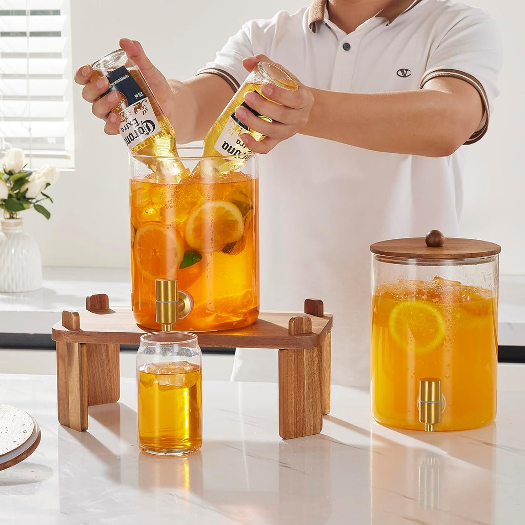 Glass Drink Dispenser for Party: 2p 1 Gallon Dispenser w/Stand - Set of 2