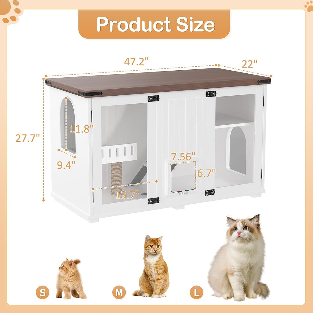 Farmhouse Cat Litter Box Enclosure with Stairs and Scratching Post, 47" Dual-Acrylic Door Cats House with LED Light