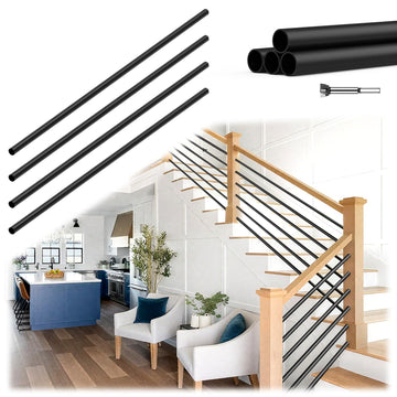 8 Pack 4 ft 5/8 Inch Round Iron Horizontal Stair Balusters, Black