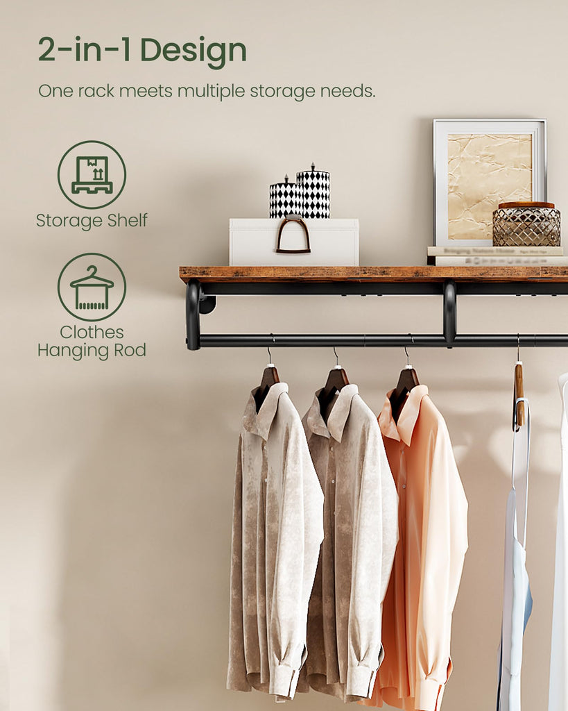 Wall Mounted Clothes Rack, Metal Garment Rack with Top Shelf, Laundry Storage Shelf with Hanging Rod, for Laundry
