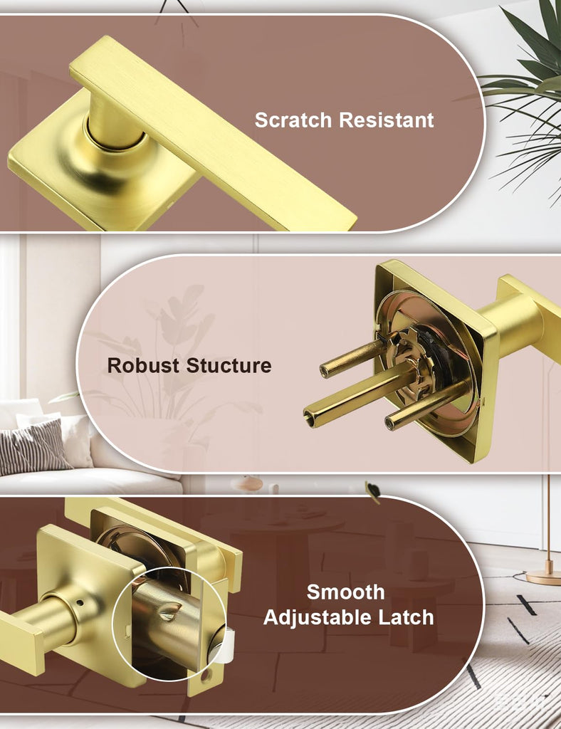 10 Pack Passage Door Levers Gold Finish, No-Locking Keyless Square Door Knob, Interior Door Handles for Closet and