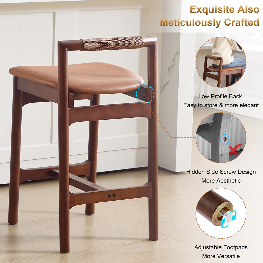Wood Counter Stools with Woven Paper Cord Accent Back, Set of 2