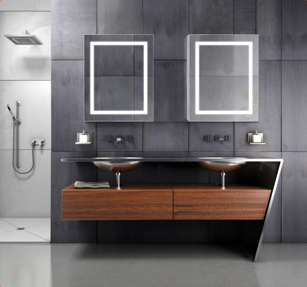 LED Medicine Cabinet 24 Inch X 30 Inch | Recessed or Surface Mount Mirror Cabinet w/Dimmer & Defogger + 3X Makeup