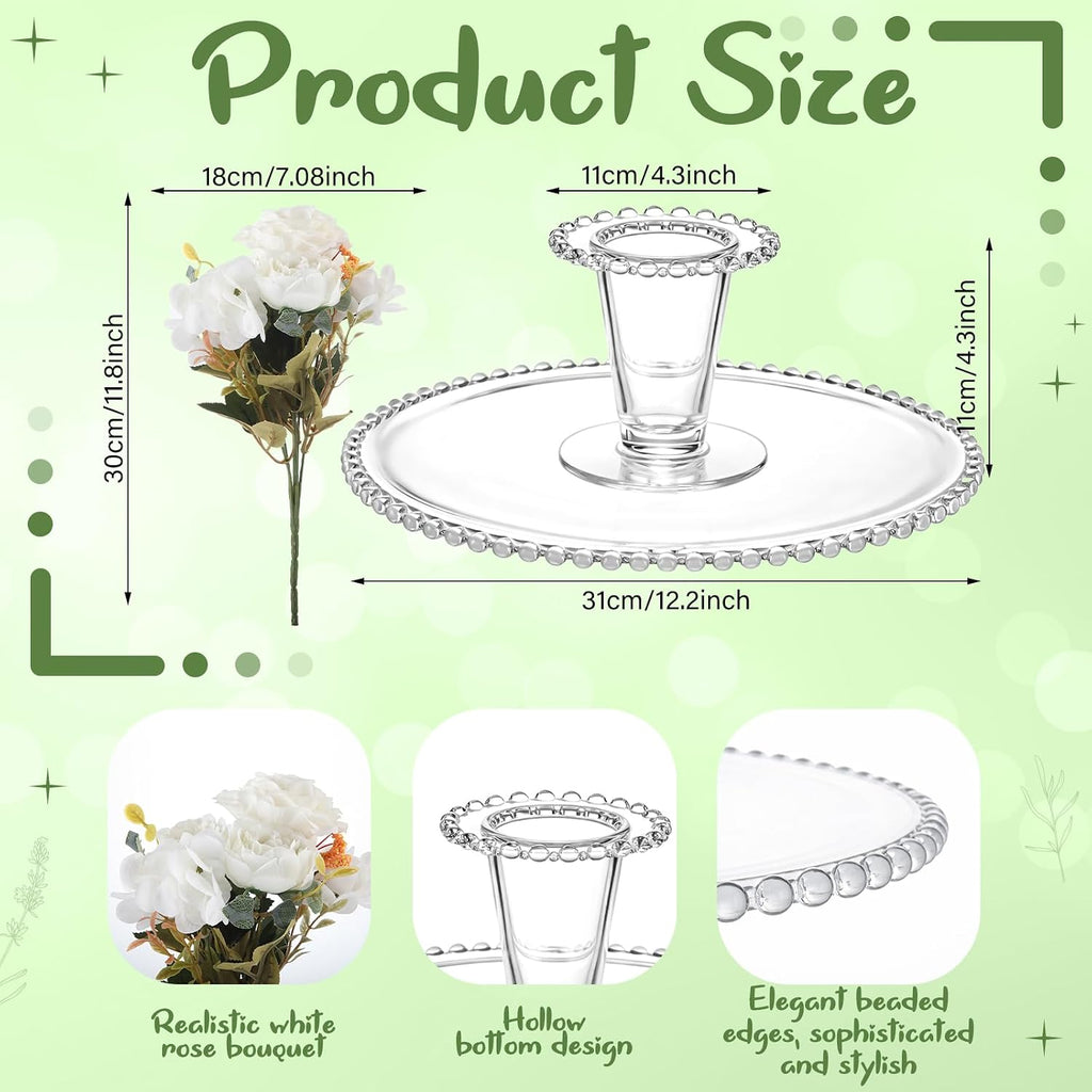 2-in-1 Glass Fruit Flower Vase 12.2 Inch Cupcake Stand Clear Pedestal Vase with White Bouquet Reversible Decorative