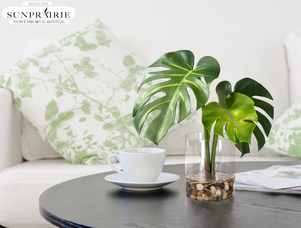 Realistic Artificial Plant in Clear Pot with Artificial Water, Broad Monstera Leaves. Faux Plants Indoor and Outdoor.