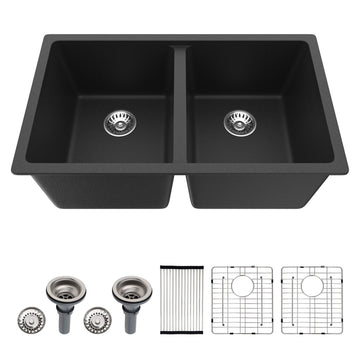 33 inch Quartz Matte Black Granite Composite Double Bowl Undermount Kitchen Sink Basin Deep 50/50 Split