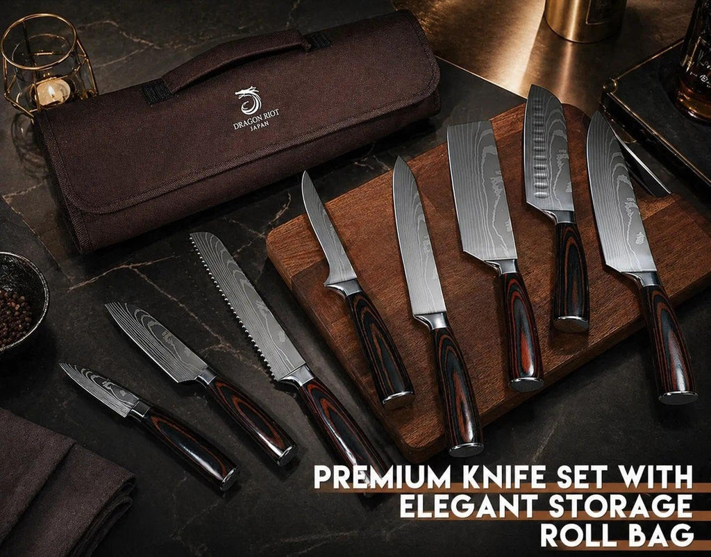Damascus Kitchen Knife Set, Damascus Steel, Brown Handle | Stainless Steel, Damascus Pattern, Roll Bag, For Meat