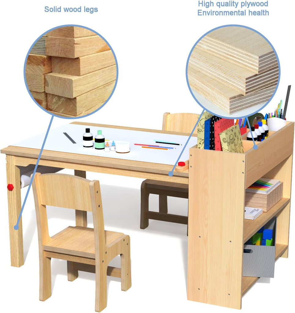 Kids Art Table Set with 2 Chairs, Solid Wood Legs, 150 lb Per Chair