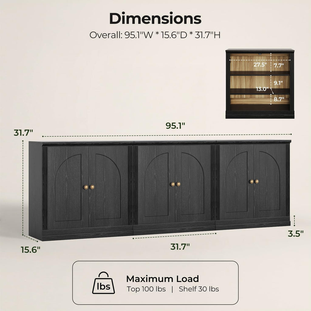 Monos 95" Storage Cabinet Set of 3 with Doors & Shelves, Modular Fluted Accent Arched Sideboard Buffet Cabinet