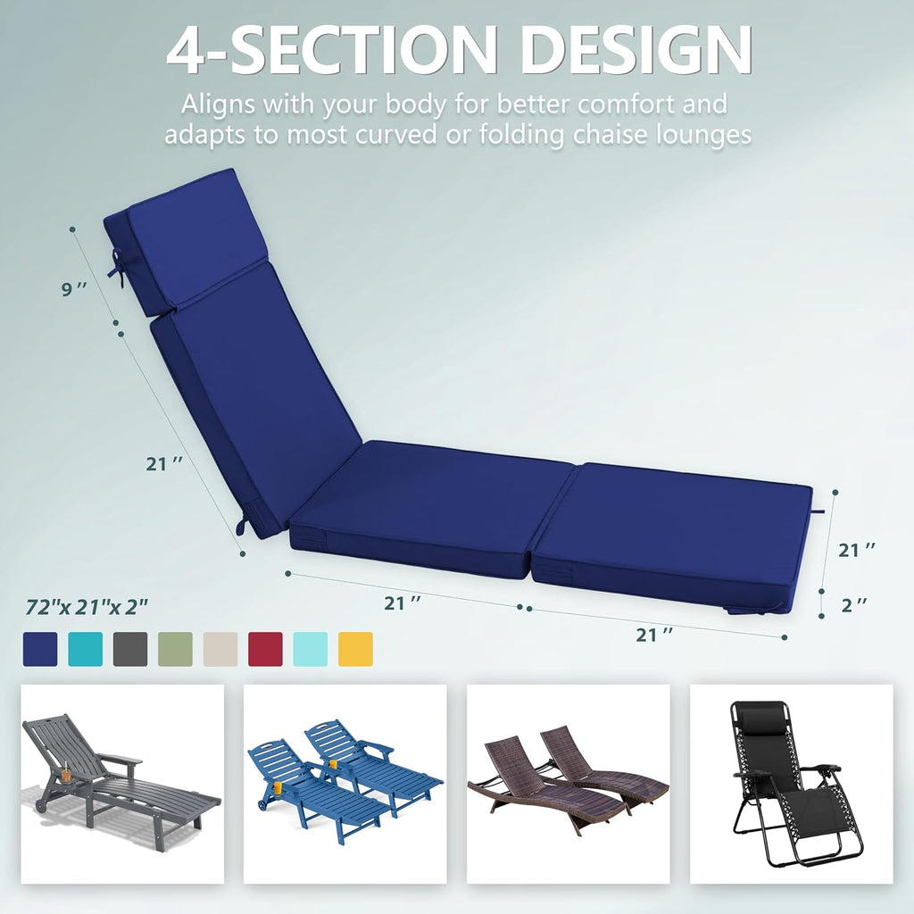 72 x 21 Inch Outdoor Chaise Lounge Cushions Set of 2 - Removable Cover, 4-Section Design, Water-Repellent &