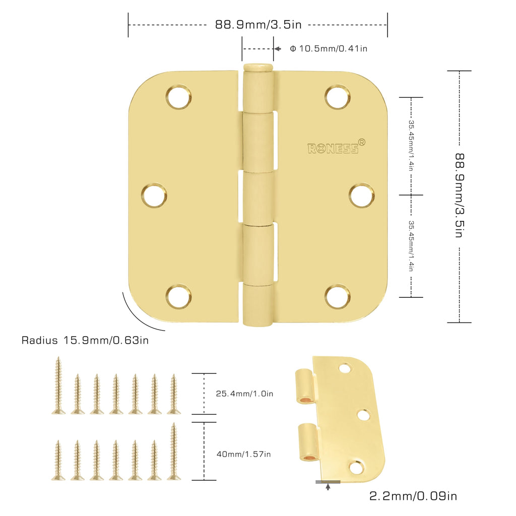 24 Pack Polished Gold Door Hinges 3.5 Inch, 5/8" Radius Rounded, Standard Residential for Doors 3 1⁄2", Sturdy Hinges