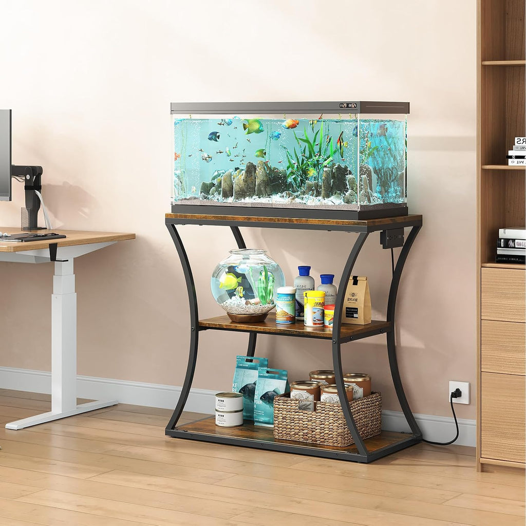 20-29 Gallon Fish Tank Stand with Power Outlet, 3-Tier Aquarium Stand with Storage, Heavy Duty Metal Frame Tank Rack