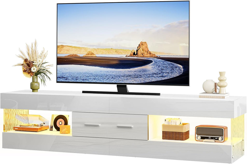 67" Modern TV Stand for TVs up to 75 Inch, High Gloss LED Entertainment Center with Stone-Patterned Doors, TV Console