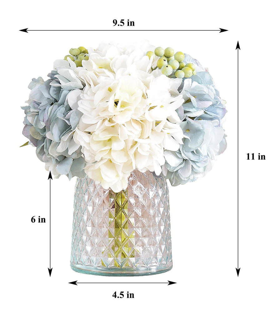 Hydrangeas Floral Arrangement in Glass Vase; Fake Blue