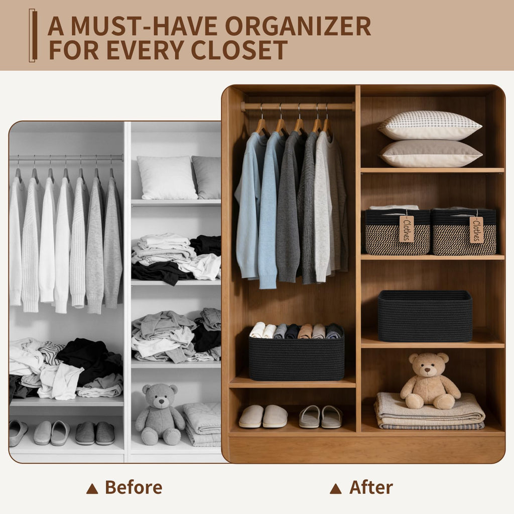 4 Pack Storage Baskets for Organizing Shelves, Black & Jute