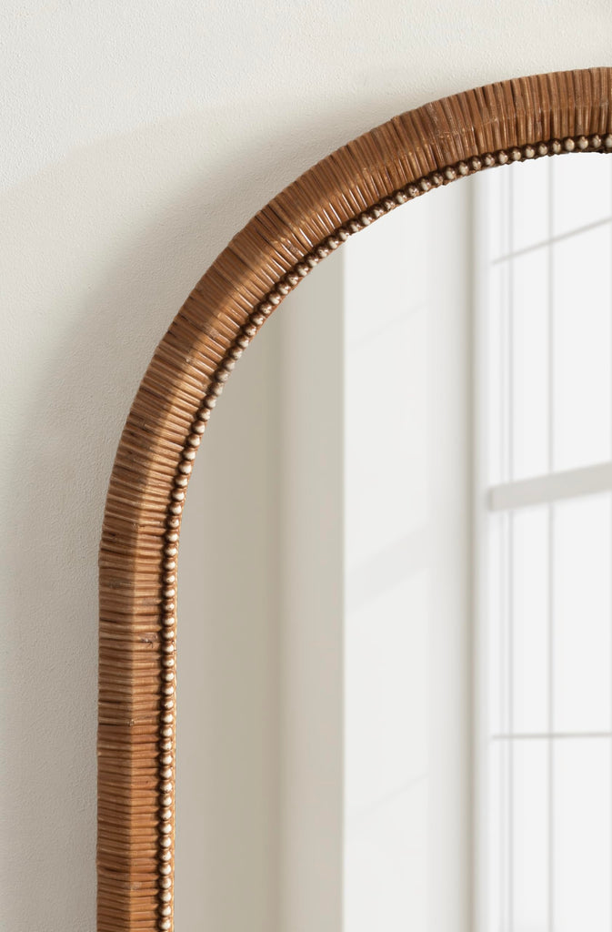 Rahfy Boho Beaded Arched Rattan Wall Mirror, 24 x 36, Dark Natural Wood, Decorative Rounded Arch Mirror with