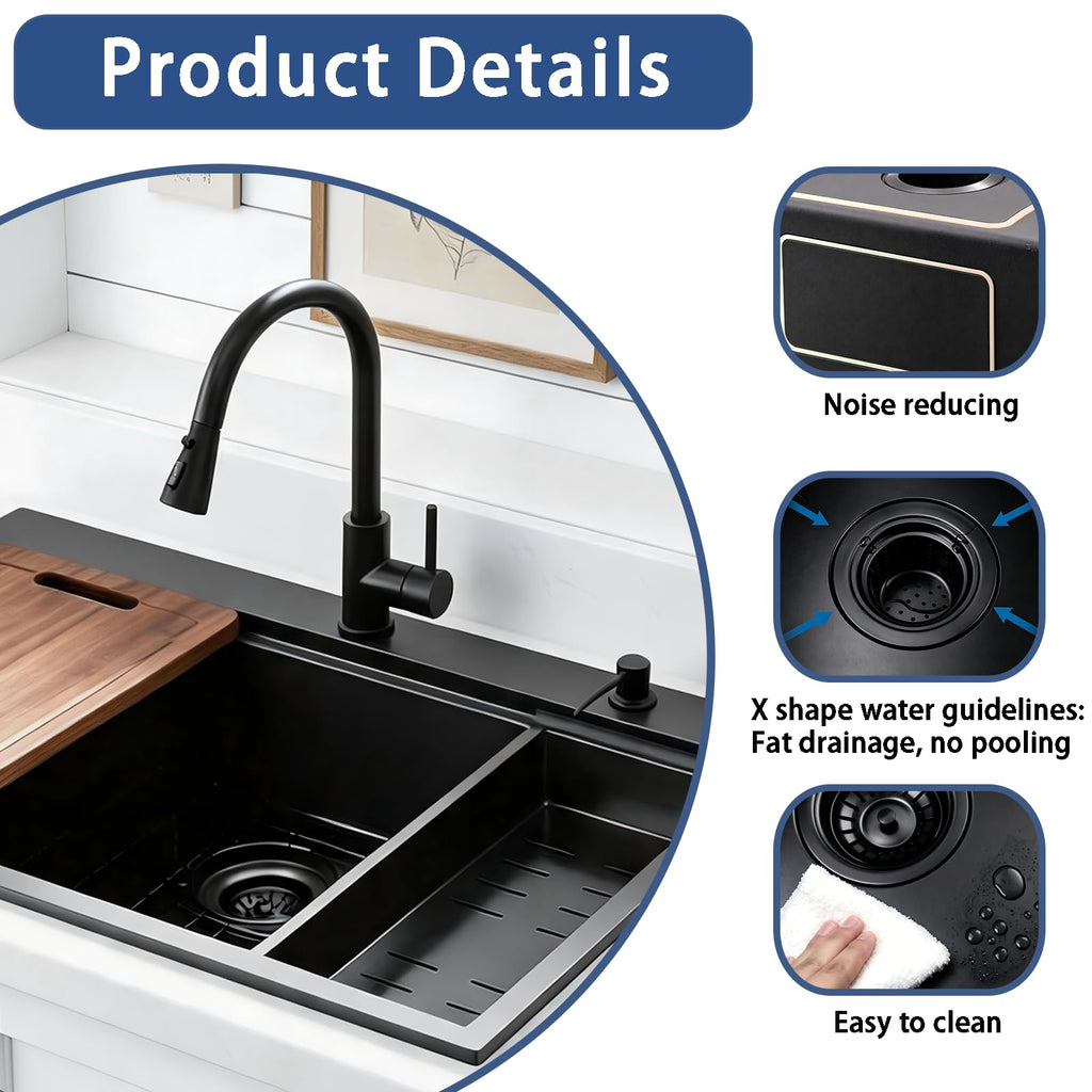 33 Inch Black Drop Sink, 33x22 Top Mount Workstation Handmade 16 Gauge Single Bowl Stainless Steel Sink with cutting