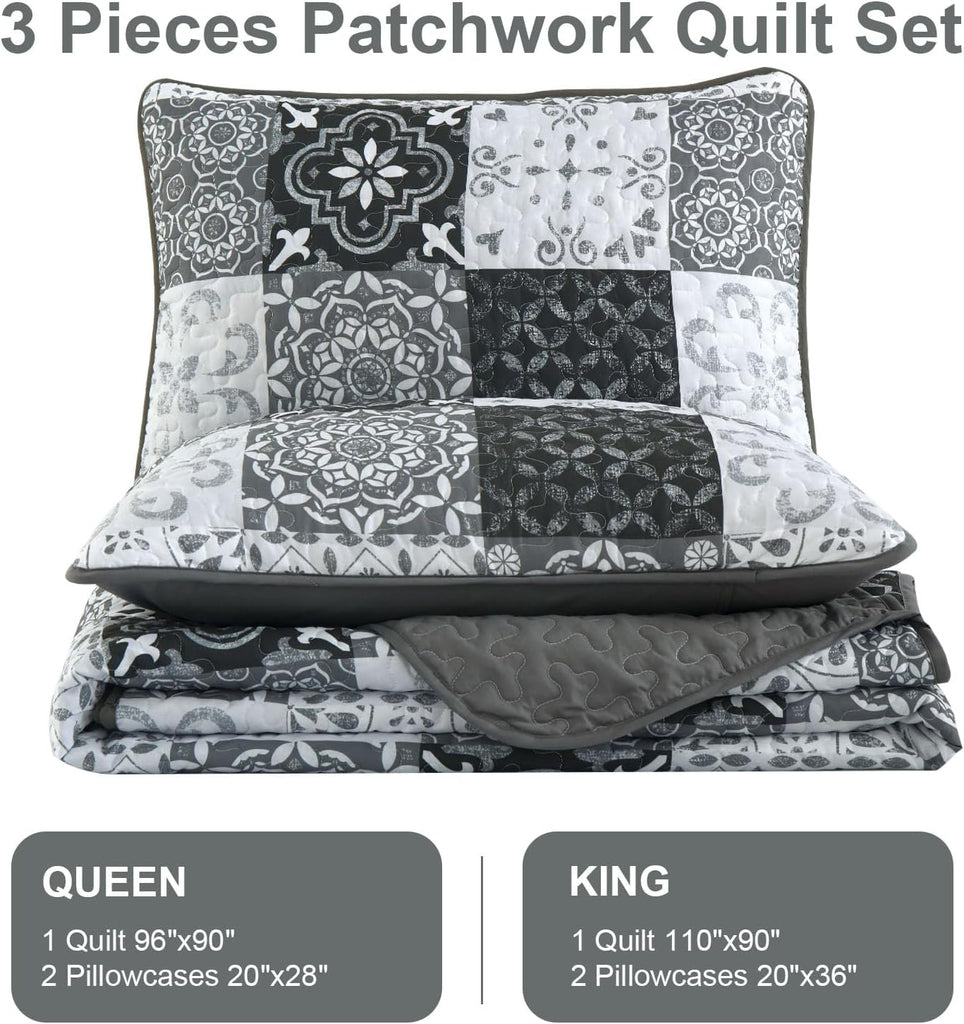 Grey Black Quilt Set Queen, Boho Plaid Patchwork Bedspreads Coverlet Set, 3 Pieces Soft Lightweight Microfiber