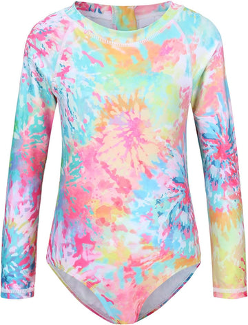 Girls Long Sleeve Rash Guard One Piece Swimsuits for Kids Tie Dye Bathing Suit UPF 50+ Swim Shirts