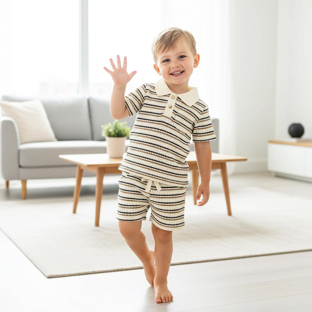 Boy Clothes Baby Striped Collared Shirt Shorts Beige Set