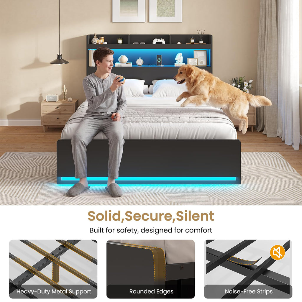 Queen Bed Frame with Storage Headboard & 5 Drawers, LED Bed Frame Queen Size with Charging Station, Wooden Platform