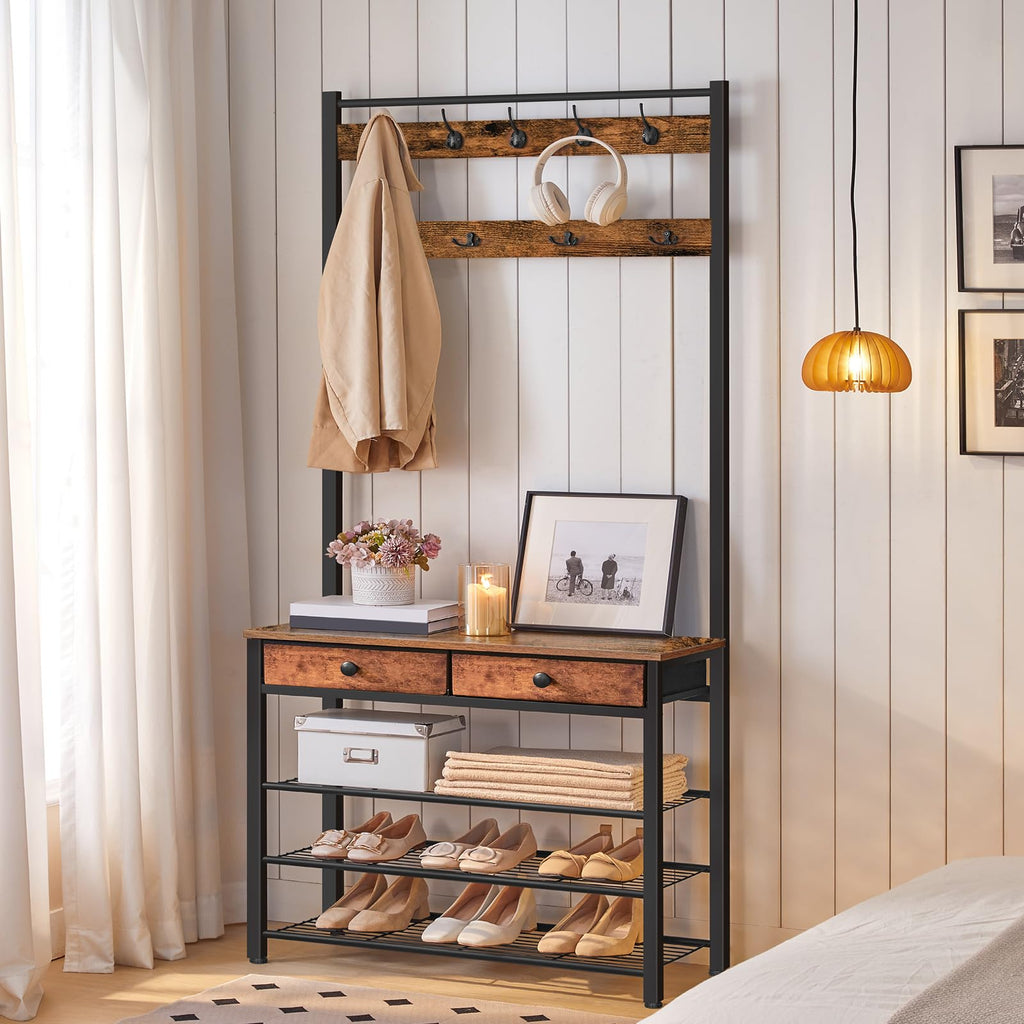 Hall Tree, Entryway Coat and Shoe Rack, 2 Fabric Drawers, Hall Tree with Bench, Shoe and Coat Rack, Coat Rack with