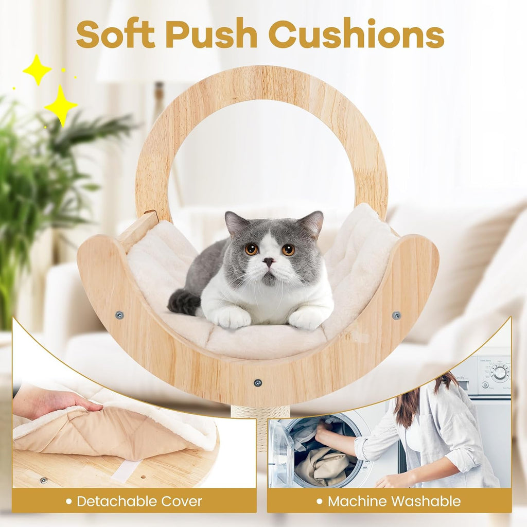 57 Inches Tall Wooden Cat Tree, Multi-Level Cat Tower with Scratching Posts, Space Capsule Bed, Padded Platform