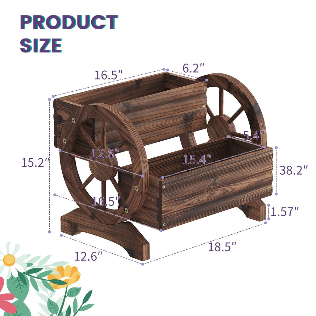 Wooden Wagon Planter Flower Cart Farm Stand Garden Decor Planter for Outdoor Patio Balcony Decoration, Rustic