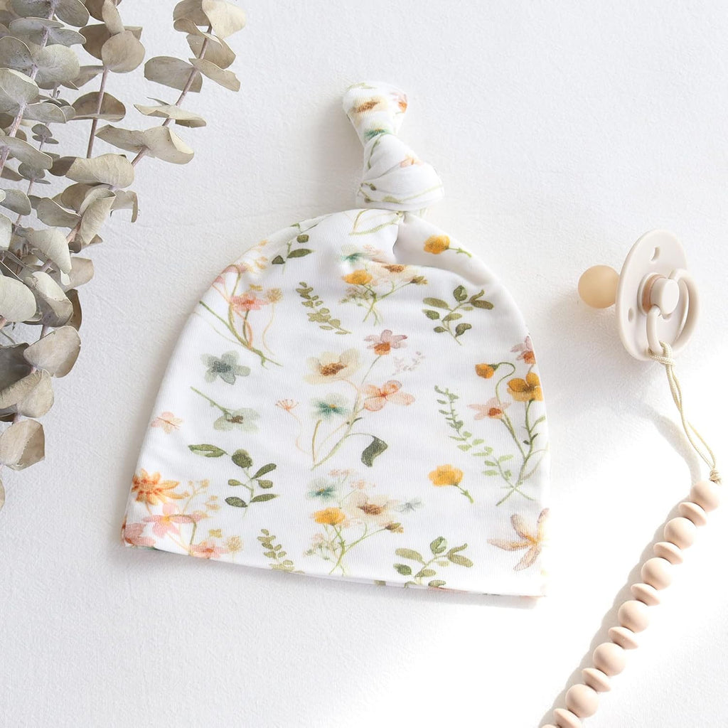 Newborn Swaddle Set with Matching Hat and Bow Set, Wooden Birth Announcement Card, Floral Baby Girl Newborn Receiving
