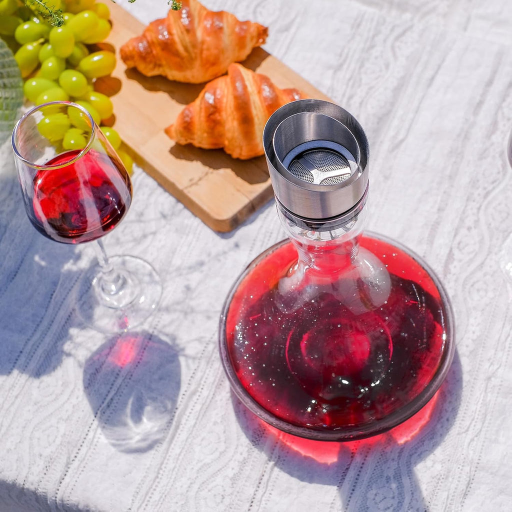 Hand Blown Wine Decanter with Aerator, 1300ml/44oz Red Wine Decanter, Crystal Wine Carafe with Stainless Steel Pour