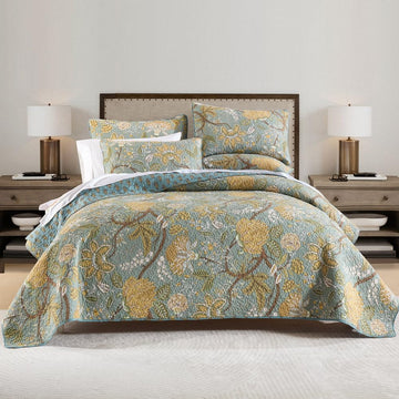 Cotton Bedspread Quilt Sets Reversible Bedding Coverlet Sets Comforter, Vintage Floral Farmhouse Pastoral Turquoise