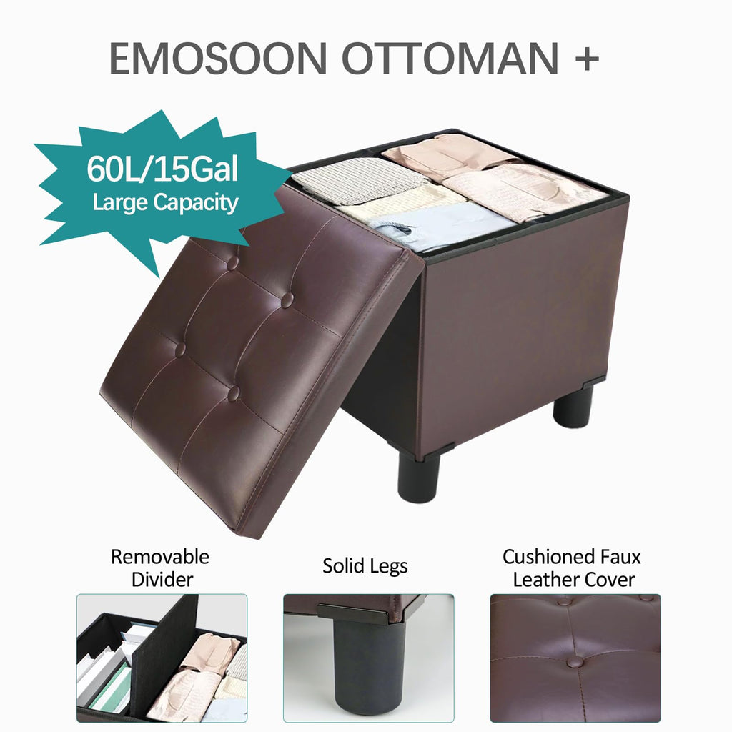 18 Inches Cube Storage Ottoman, Faux Leather Collapsible Square Folding Ottoman Furniture with Storage Bedroom, Foot