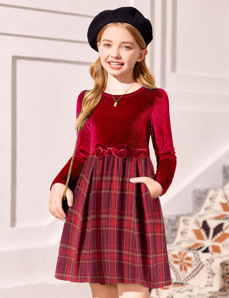 Girls Long Sleeve Velvet Plaid Patchwork Party Dress with Pockets